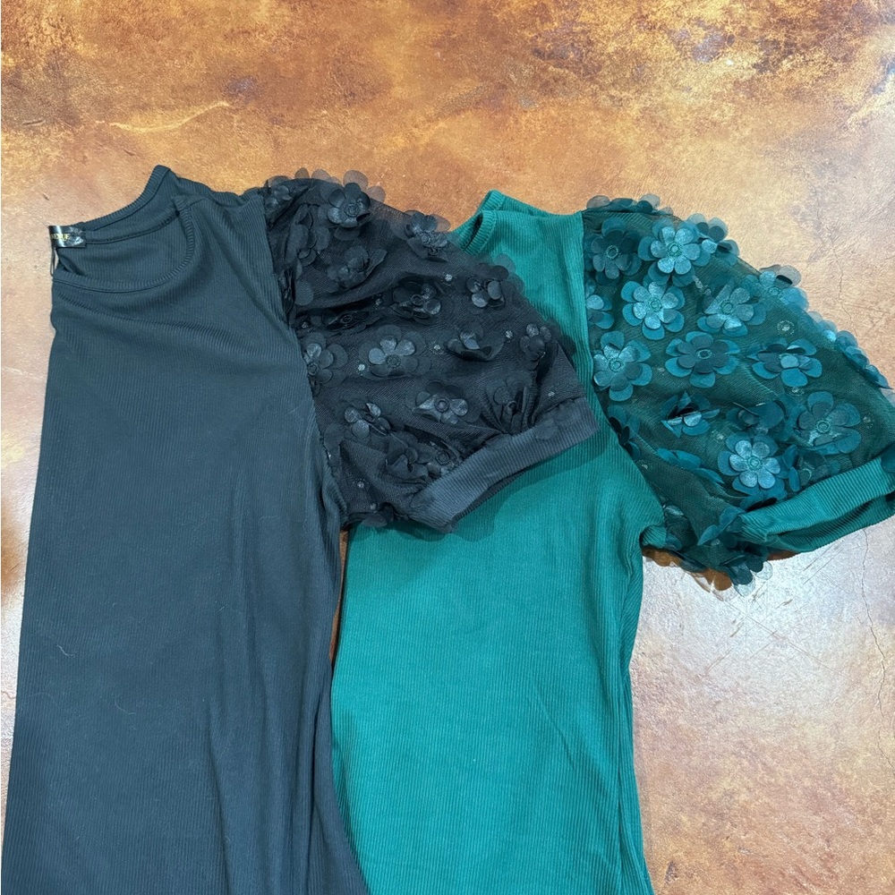 Floral Sleeve Black and Green Blouse Set